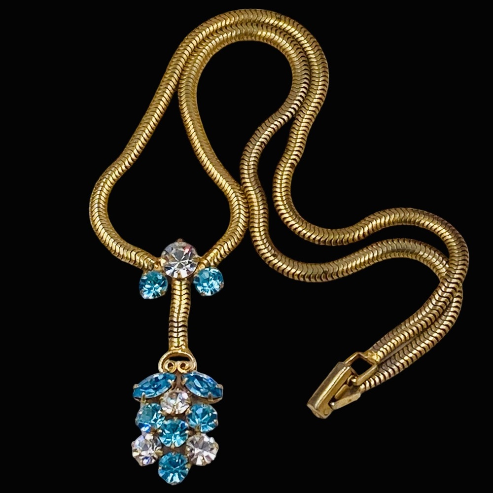 Vintage Leo Glass Aqua Rhinestone Lavalier Necklace